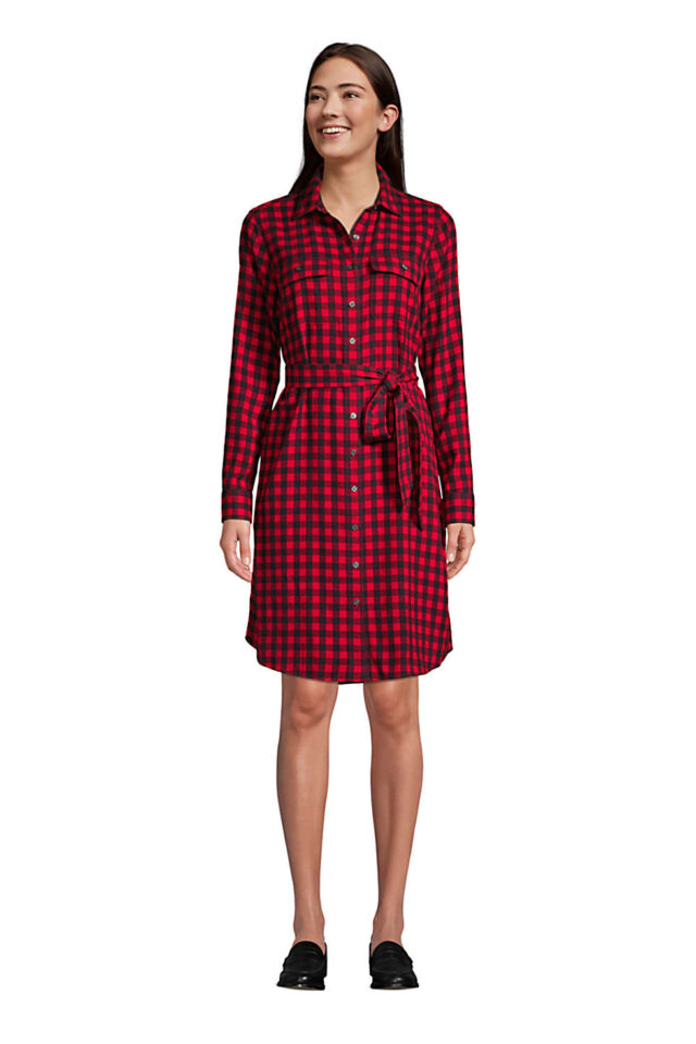 Land's end model in belted bufallo check shirt dress