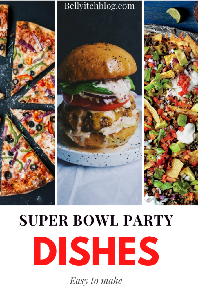 graphic for super bowl party featuring three dishes: nachos, pizza and sliders