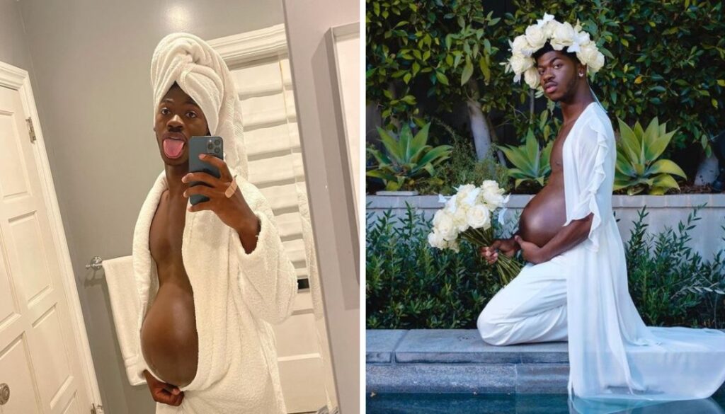 Instagram photos from rapper Lil Nas X's faux maternity shoot wearing a prosthetic baby bump